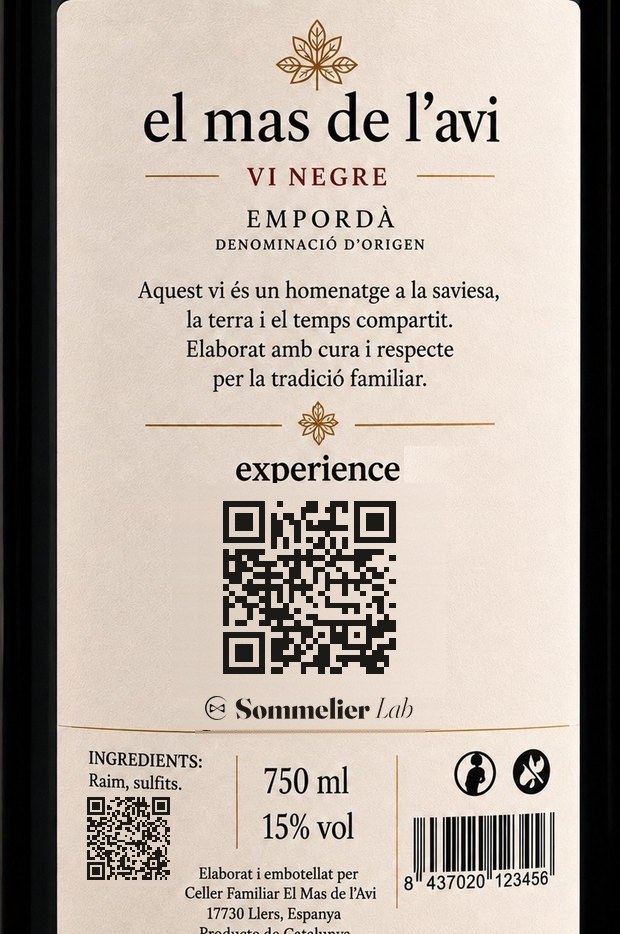 Contraetiqueta con los dos QRs: el legal junto a los ingredientes y el premium con la experiencia